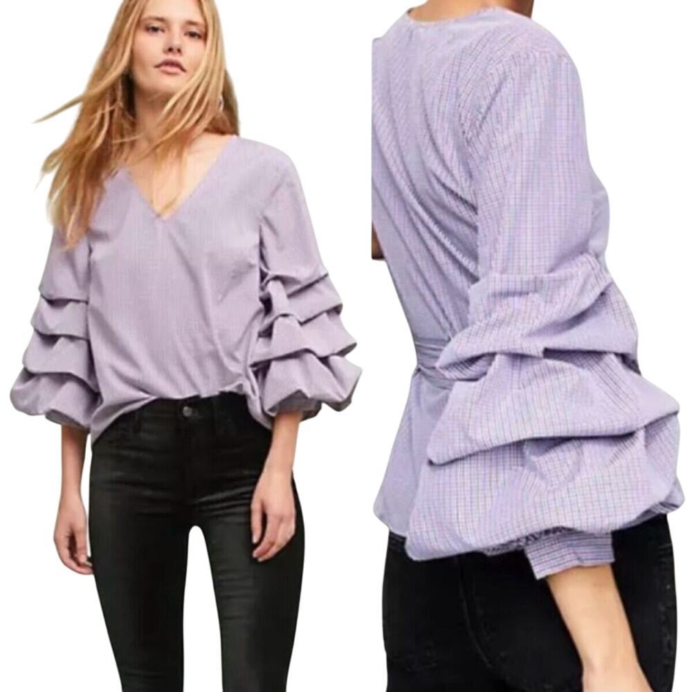 NWT Anthropologie Sunday In Brooklyn Plaid Ruffle Sleeves Top Size Small